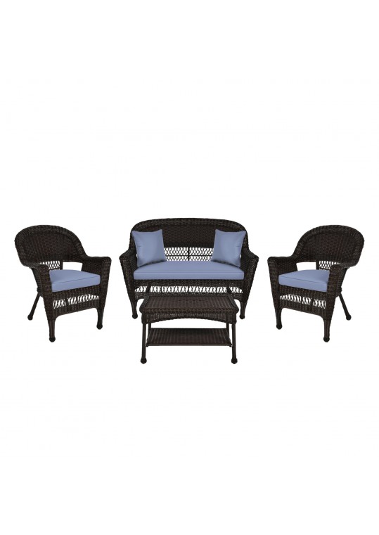 4pc Espresso Wicker Conversation Set - Steel Blue Cushion