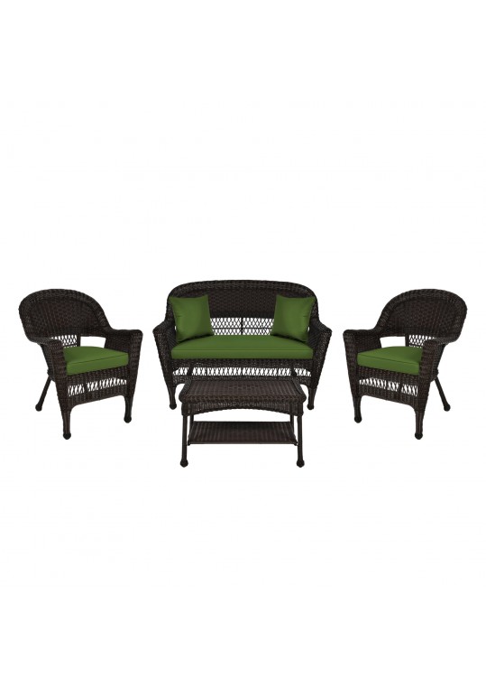 4pc Espresso Wicker Conversation Set - Hunter Green Cushion