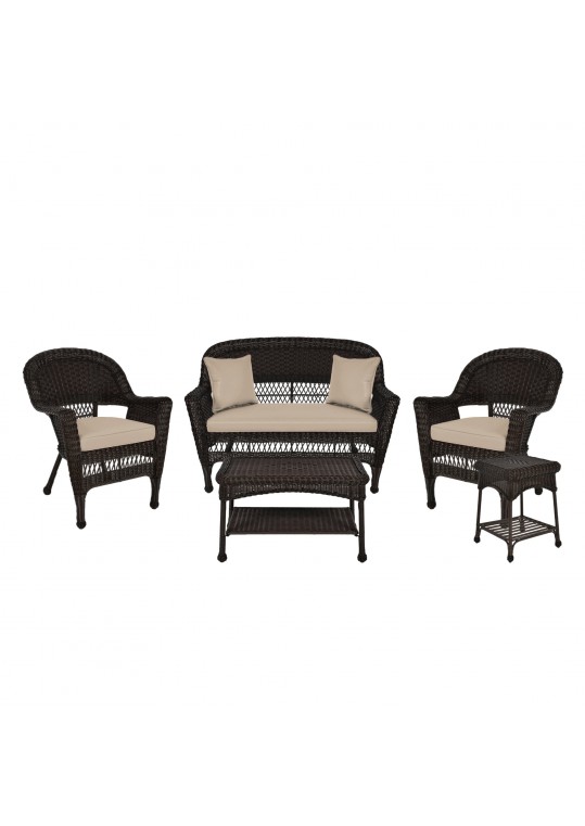 5pc Espresso Wicker Conversation Set - Tan Cushion