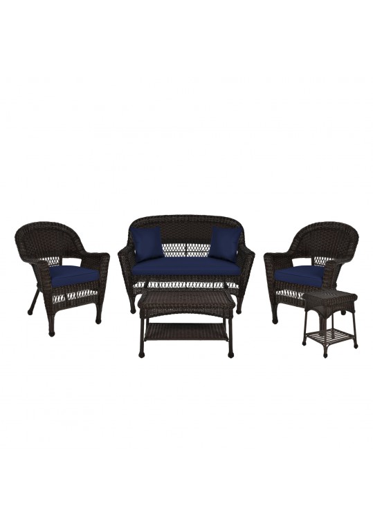 5pc Espresso Wicker Conversation Set - Midnight Blue Cushions