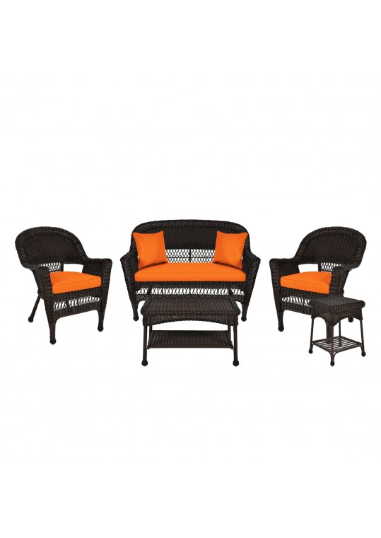 5pc Espresso Wicker Conversation Set - Orange Cushions