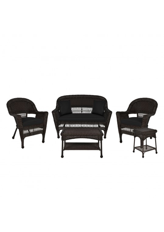 5pc Espresso Wicker Conversation Set - Black Cushions