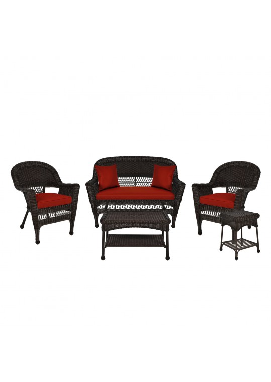 5pc Espresso Wicker Conversation Set - Brick Red Cushions