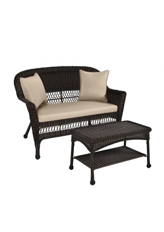 Espresso Wicker Patio Love Seat And Coffee Table Set With Tan Cushion