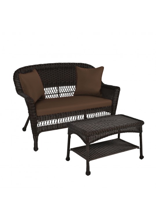 Espresso Wicker Patio Love Seat And Coffee Table Set With Brown Cushion