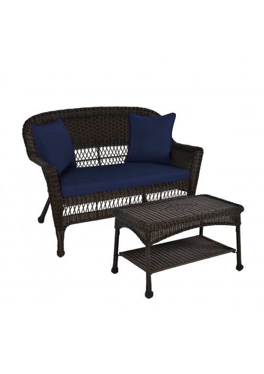 Espresso Wicker Patio Love Seat And Coffee Table Set With Midnight Blue Cushion