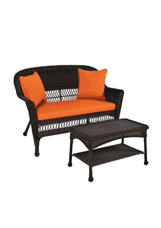 Espresso Wicker Patio Love Seat And Coffee Table Set With Orange Cushion