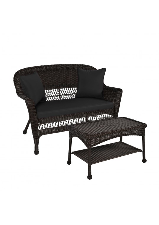 Espresso Wicker Patio Love Seat And Coffee Table Set With Black Cushion