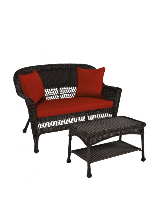 Espresso Wicker Patio Love Seat And Coffee Table Set With Brick Red Cushion