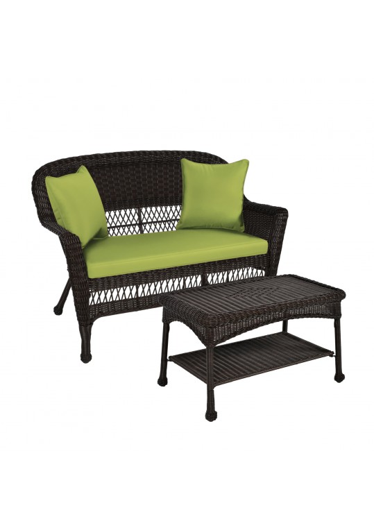 Espresso Wicker Patio Love Seat And Coffee Table Set With Sage Green Cushion