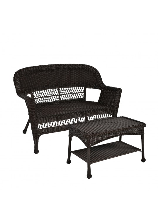 Espresso Wicker Patio Love Seat And Coffee Table Set Without Cushion