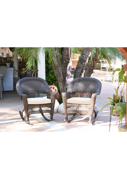 Espresso Rocker Wicker Chair with Ivory Cushion -  Set of 2