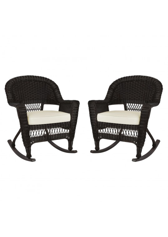 Espresso Rocker Wicker Chair with Ivory Cushion -  Set of 2
