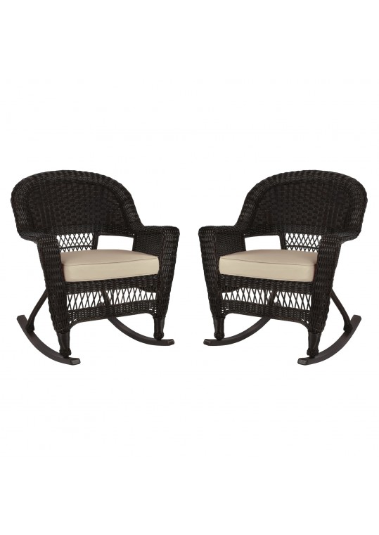 Espresso Rocker Wicker Chair with Tan Cushion -  Set of 2
