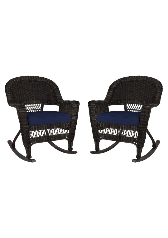 Espresso Rocker Wicker Chair with Midnight Blue Cushion -  Set of 2
