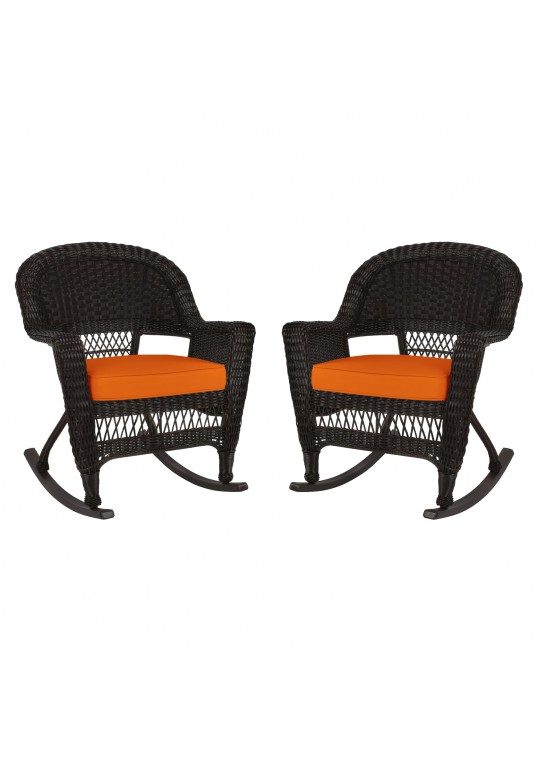 Espresso Rocker Wicker Chair with Orange Cushion -  Set of 2
