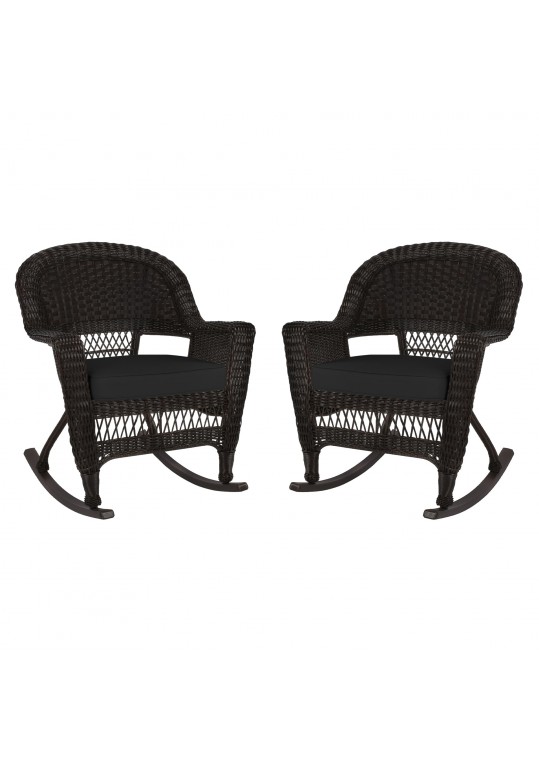 Espresso Rocker Wicker Chair with Black Cushion -  Set of 2
