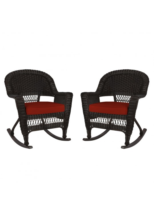 Espresso Rocker Wicker Chair with Brick Red Cushion -  Set of 2