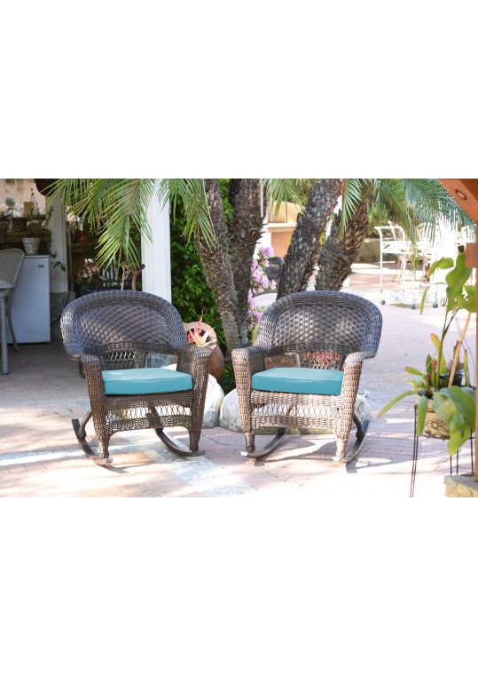 Espresso Rocker Wicker Chair with Sky Blue Cushion -  Set of 2