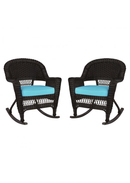 Espresso Rocker Wicker Chair with Sky Blue Cushion -  Set of 2