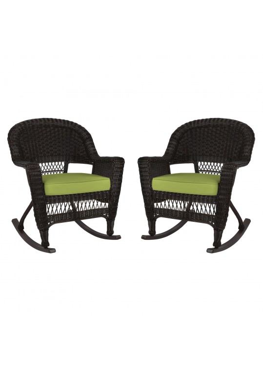 Espresso Rocker Wicker Chair with Sage Green Cushion -  Set of 2
