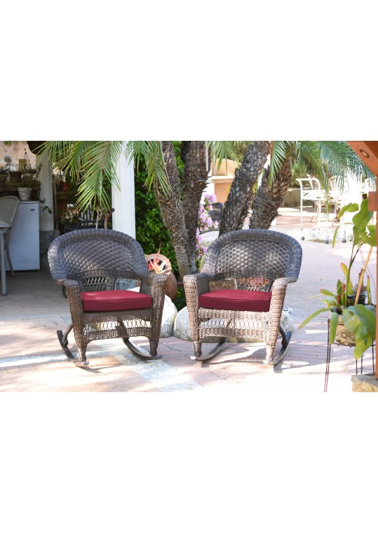 Espresso Rocker Wicker Chair with Red Cushion -  Set of 2