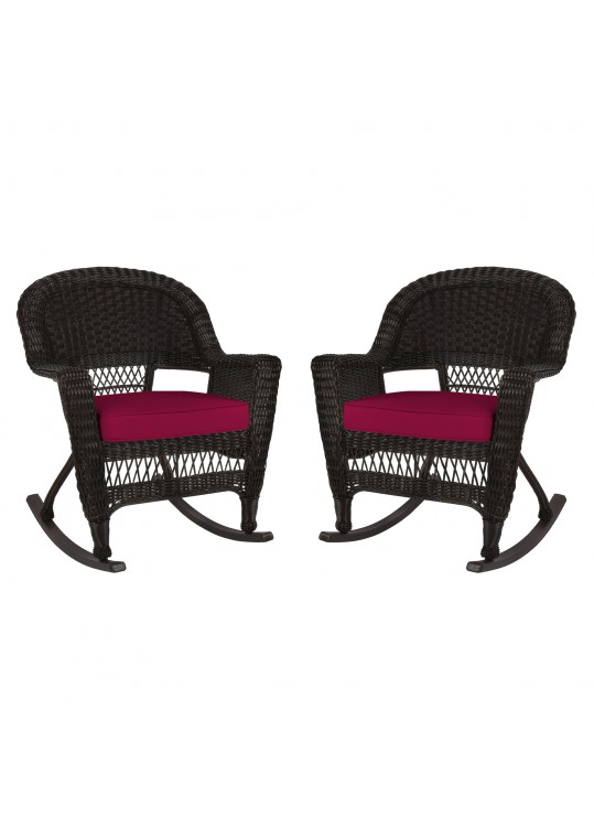 Espresso Rocker Wicker Chair with Red Cushion -  Set of 2