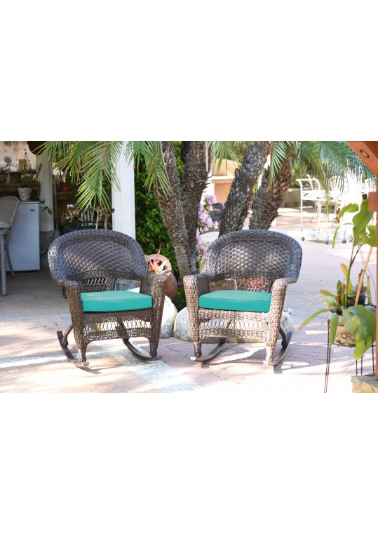 Espresso Rocker Wicker Chair with Turquoise Cushion -  Set of 2