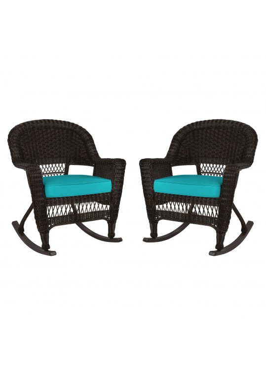 Espresso Rocker Wicker Chair with Turquoise Cushion -  Set of 2
