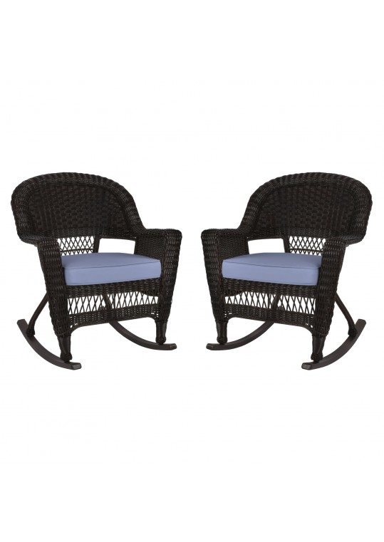 Espresso Rocker Wicker Chair with Steel Blue Cushion -  Set of 2