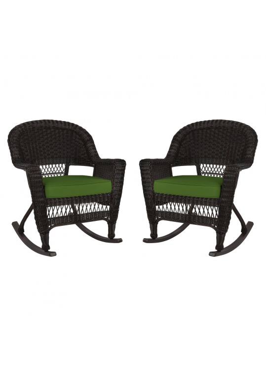 Espresso Rocker Wicker Chair with Hunter Green Cushion -  Set of 2