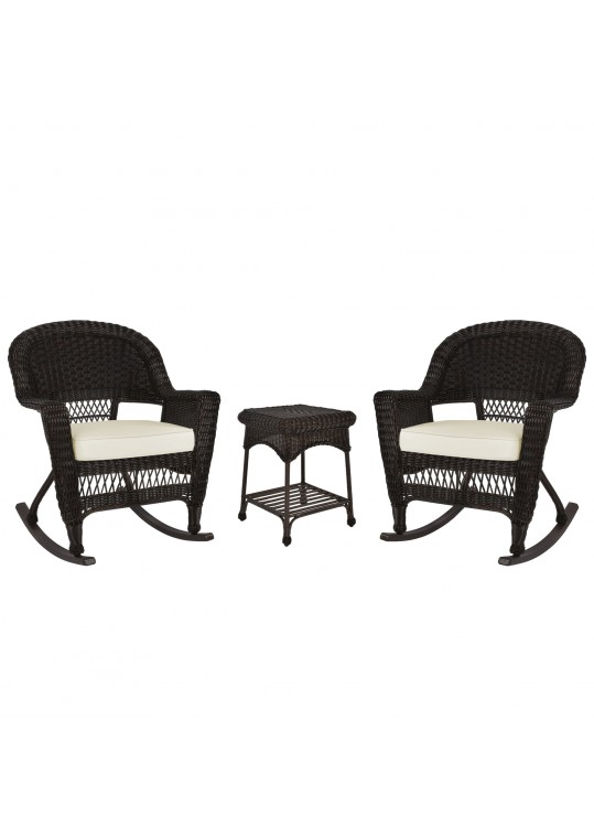 3pc Espresso Rocker Wicker Chair Set With Ivory Cushion