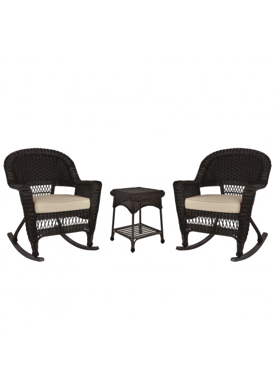 3pc Espresso Rocker Wicker Chair Set With Tan Cushion