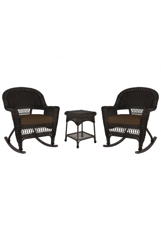 3pc Espresso Rocker Wicker Chair Set With Brown Cushion