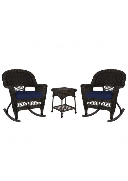 3pc Espresso Rocker Wicker Chair Set With Midnight Blue Cushion