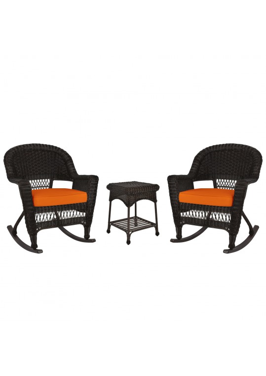 3pc Espresso Rocker Wicker Chair Set With Orange Cushion