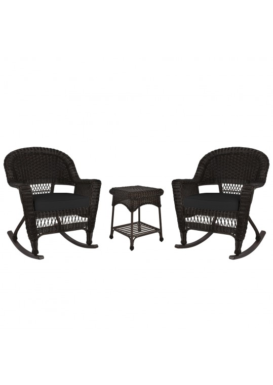 3pc Espresso Rocker Wicker Chair Set With Black Cushion