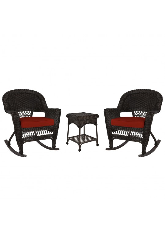 3pc Espresso Rocker Wicker Chair Set With Brick Red Cushion