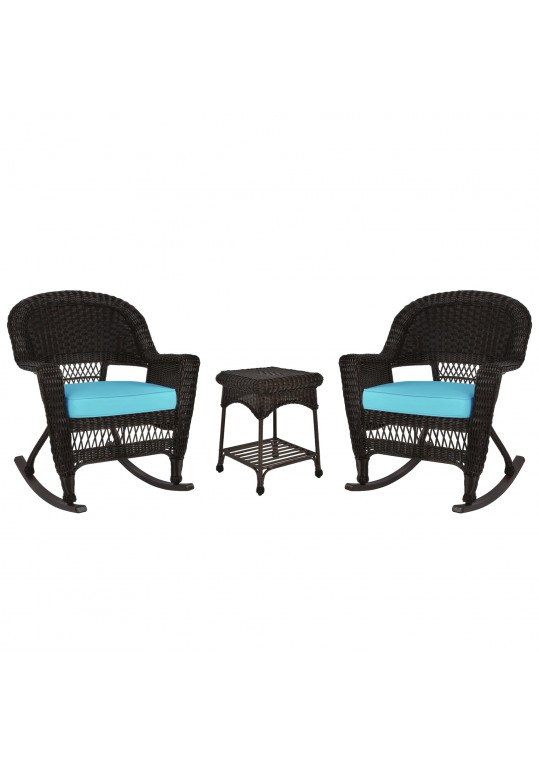 3pc Espresso Rocker Wicker Chair Set With Sky Blue Cushion