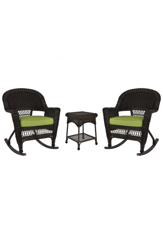 3pc Espresso Rocker Wicker Chair Set With Sage Green Cushion