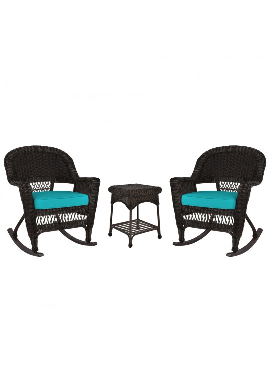 3pc Espresso Rocker Wicker Chair Set With Turquoise Cushion