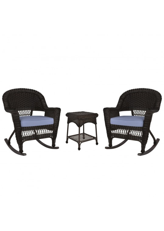3pc Espresso Rocker Wicker Chair Set With Steel Blue Cushion