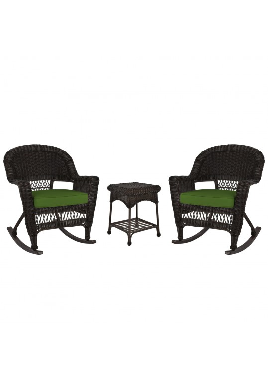 3pc Espresso Rocker Wicker Chair Set With Hunter Green Cushion