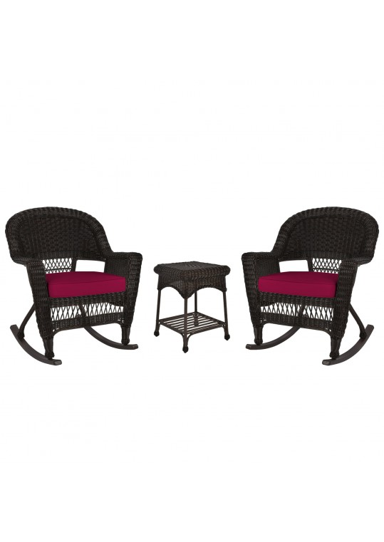 3pc Espresso Rocker Wicker Chair Set With Red Cushion