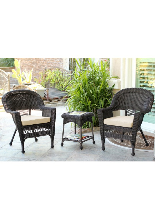 Espresso Wicker Chair And End Table Set With Ivory Chair Cushion