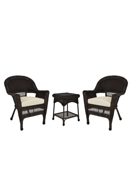 Espresso Wicker Chair And End Table Set With Ivory Chair Cushion