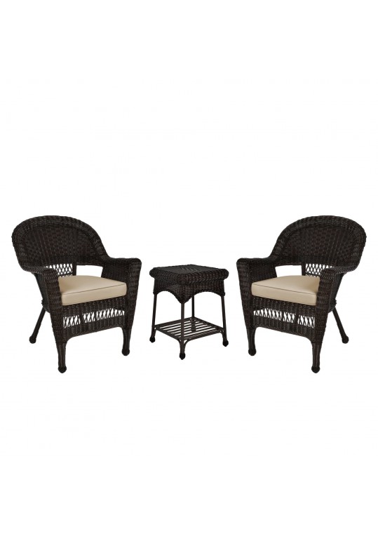 Espresso Wicker Chair And End Table Set With Tan Chair Cushion