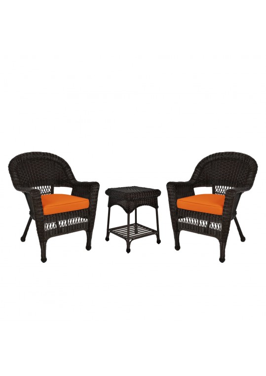 Espresso Wicker Chair And End Table Set With Orange Chair Cushion