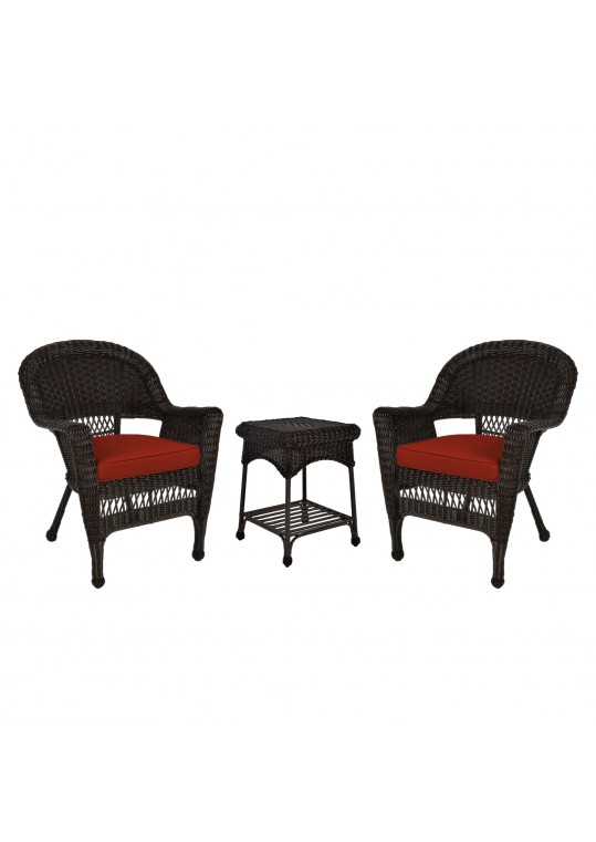 Espresso Wicker Chair And End Table Set With Brick Red Cushion