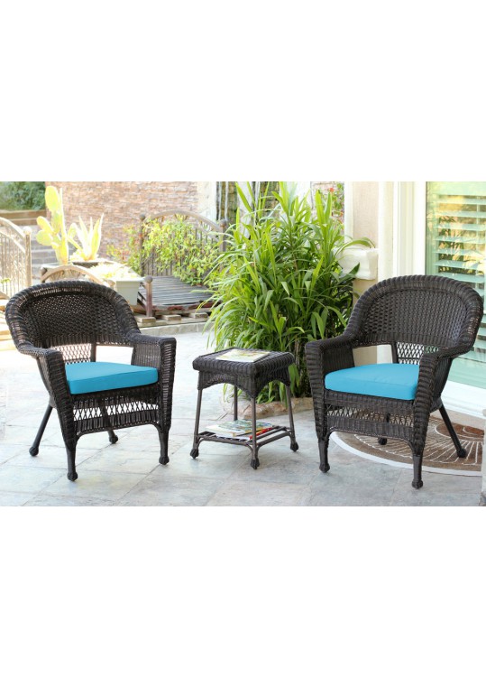 Espresso Wicker Chair And End Table Set With Sky Blue Chair Cushion